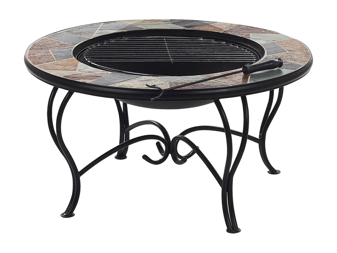 Moderne, runde Garten Feuerstelle mit bunten Schiefer-Fliesen Stahlgestell Erebus