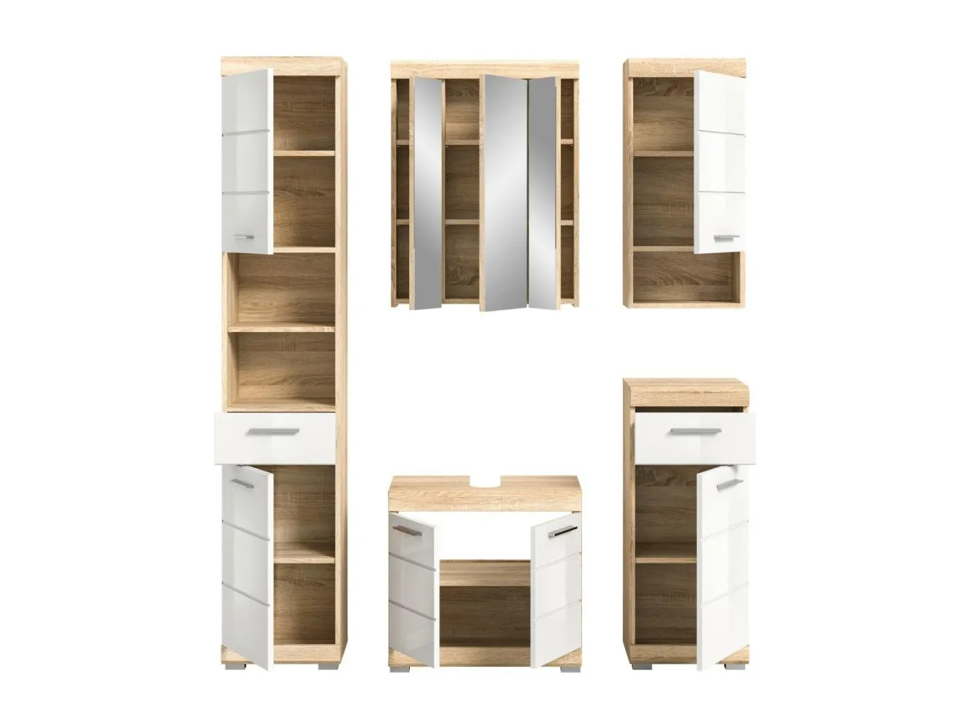 Badezimmermöbelset RIDLEY – Unterschränke, Schrank mit Spiegel, Hochschrank und Halbsäulen – Weiß und Eiche