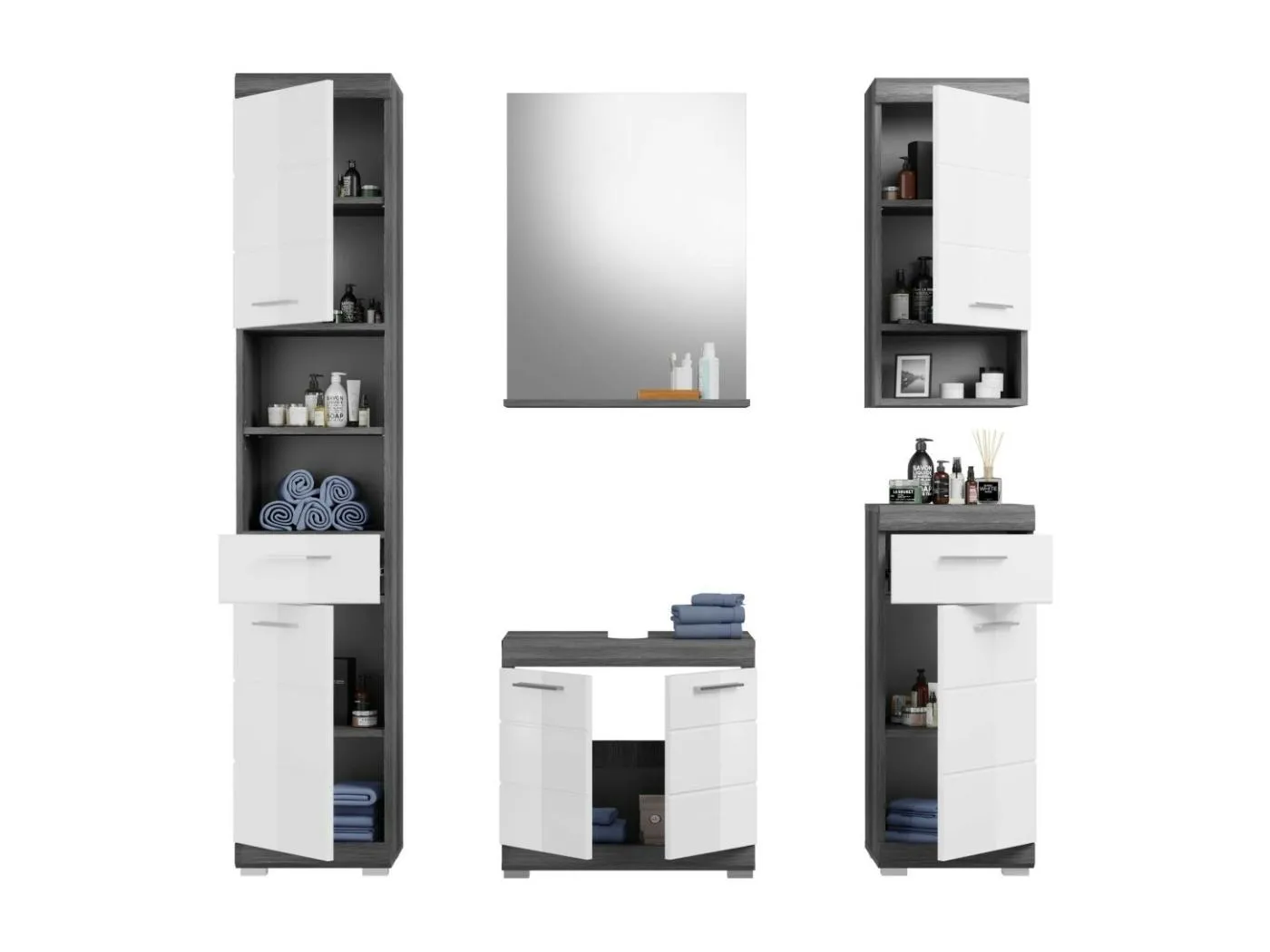 Badezimmer-Set SCOTT – Waschtischunterschrank, Spiegel, Hochschrank und 2 Halbschränke – Dunkelgrau und Weiß