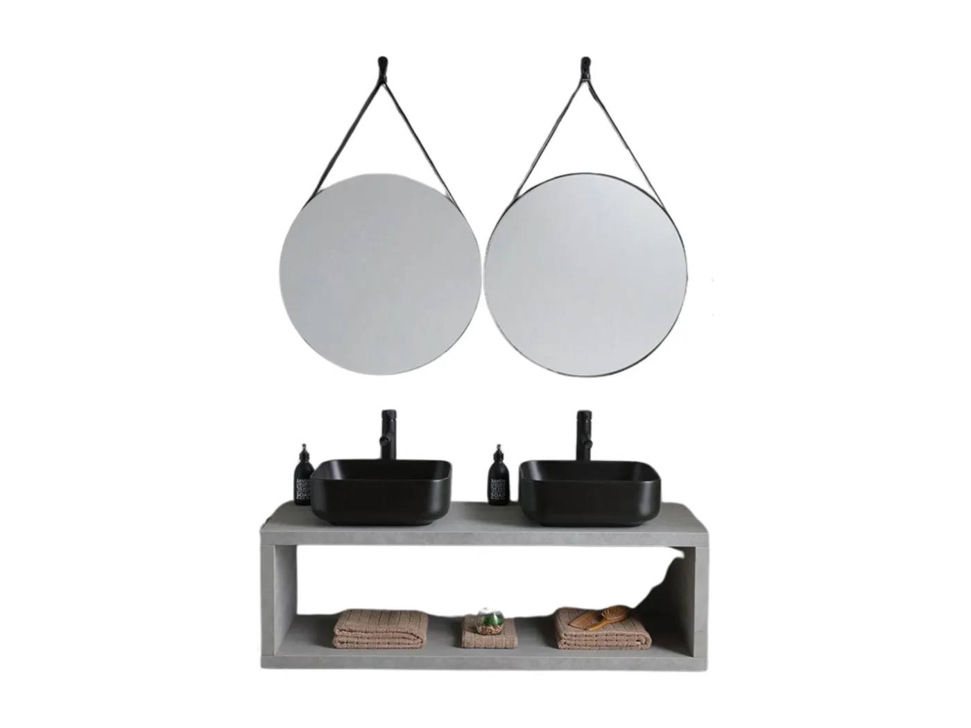 "Naxos" 120 cm grauer Badezimmer-Hängeschrank mit doppeltem mattschwarzem quadratischem Waschbecken und runden Spiegeln