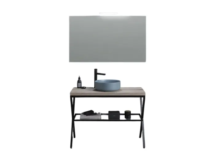 „Medellín“ 100 cm Badezimmer-Standschrank aus fossiler Eiche mit rundem grauem Keramikwaschbecken und rechteckigem Spiegel