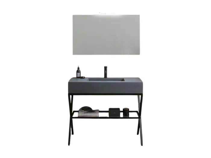 "Petra" moderner grauer Badezimmer-Standschrank mit Spiegel, Waschbecken und 100 cm Glasablage