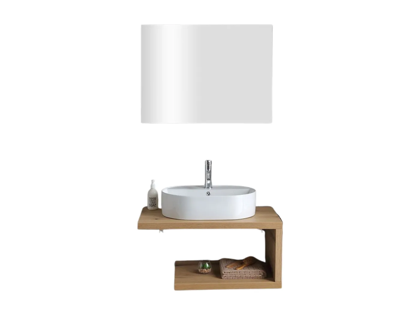 "Cipro" 80 cm hängender Badezimmerschrank aus natürlicher Eiche mit weißem ovalem Keramikwaschbecken und Spiegel