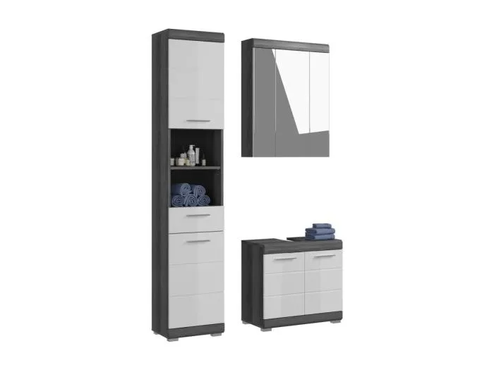 Badmöbelset SCOTT – Waschbeckenunterschrank, Stauraumschrank mit Spiegel und Hochschrank – Dunkelgrau und Weiß