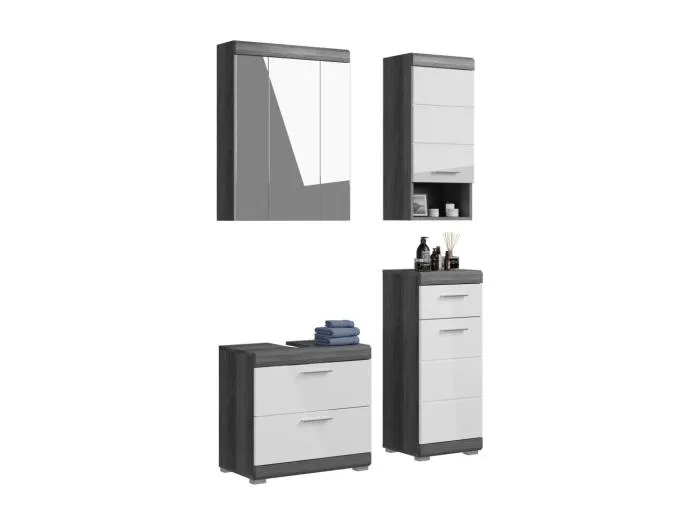 Badezimmer-Set SCOTT – Waschbeckenunterschrank, Hochschrank und Spiegel mit Stauraum