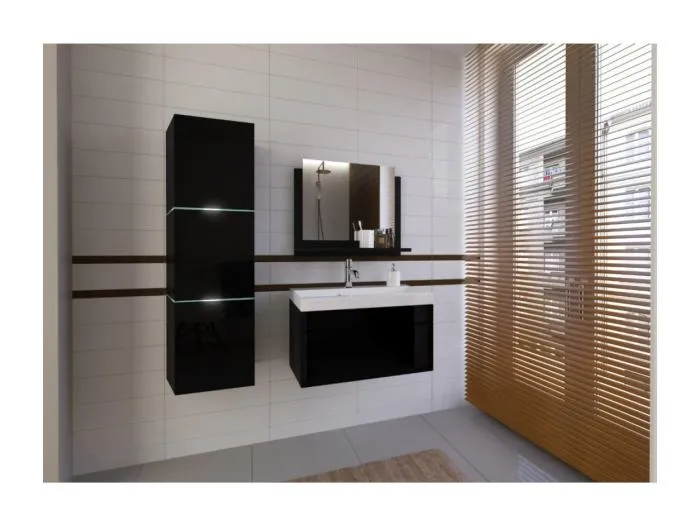 Schwarze Badezimmermöbel-Set, Kollektion OWL. Hochschrank, Waschtischunterschrank, Waschbecken 80cm.