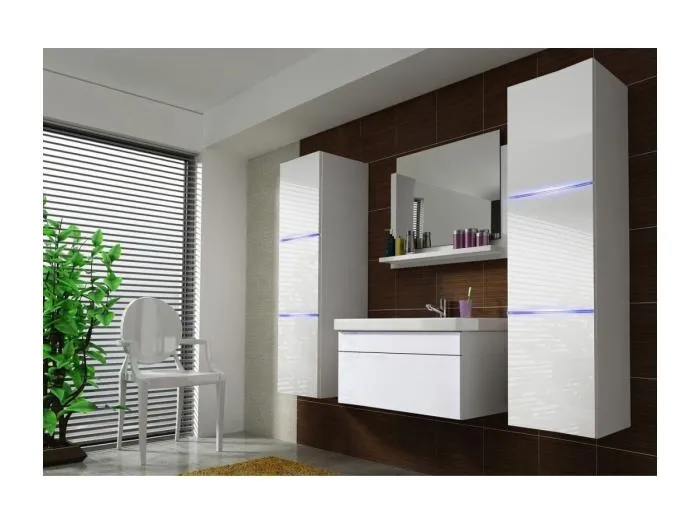Badmöbelset in Weiß, Kollektion RAVEN. 2 Säulen, Spiegel, Unterschrank, Waschbecken 80 cm, Siphon und LEDs.