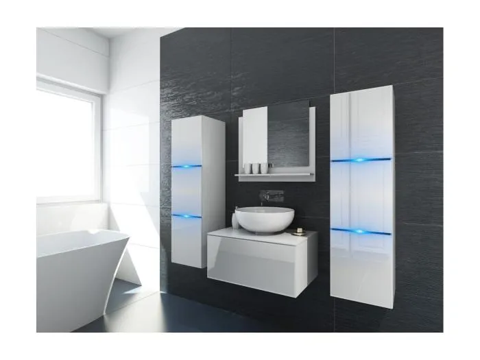 Badezimmermöbelset in Weiß, Kollektion OWL. 2 Hochschränke, Waschbeckenunterschrank, Spiegel.