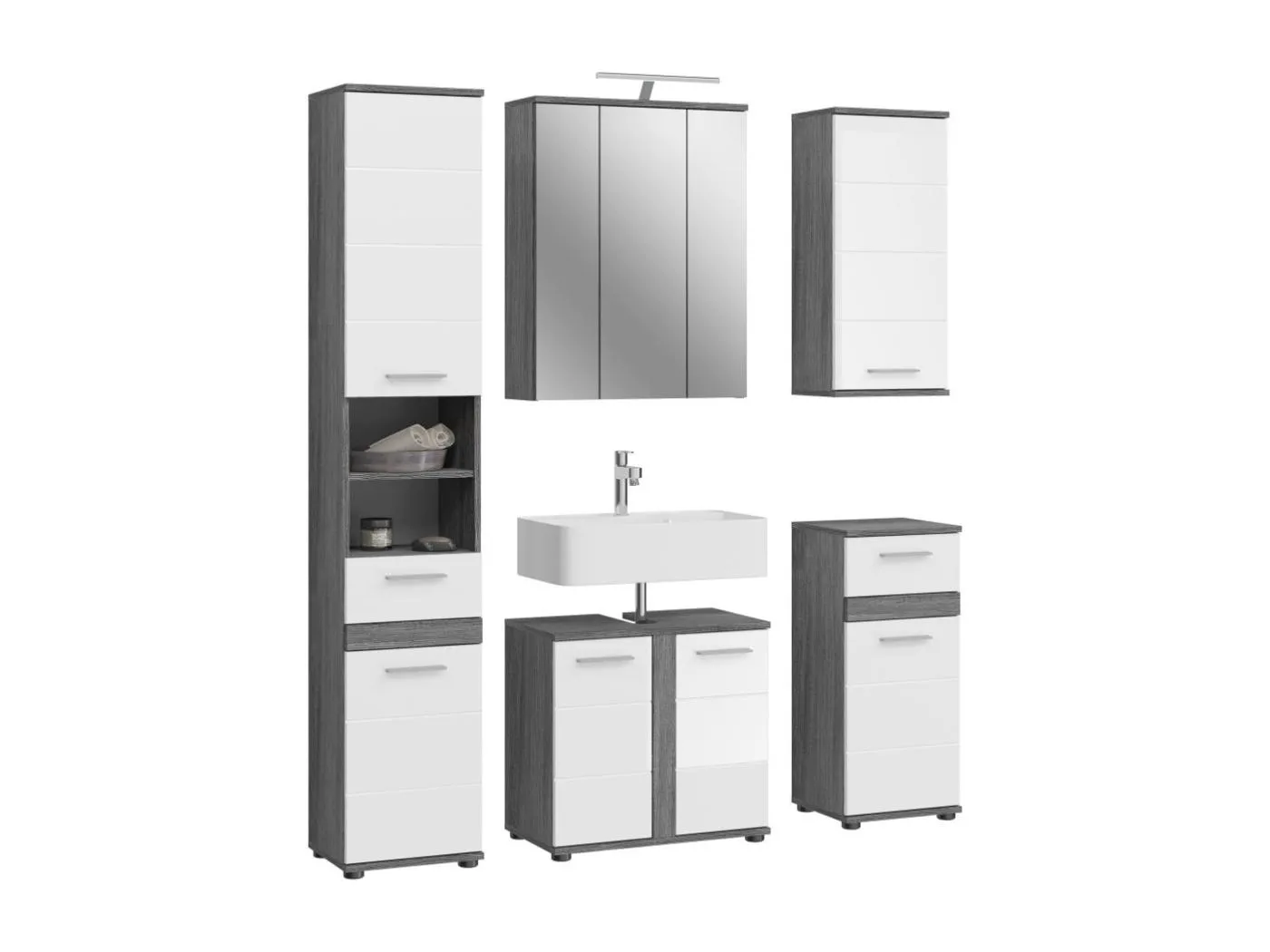 Badezimmermöbel-Set WILLIAM – Dunkelgrau und Weiß – 164x191x34 cm – Mit LED