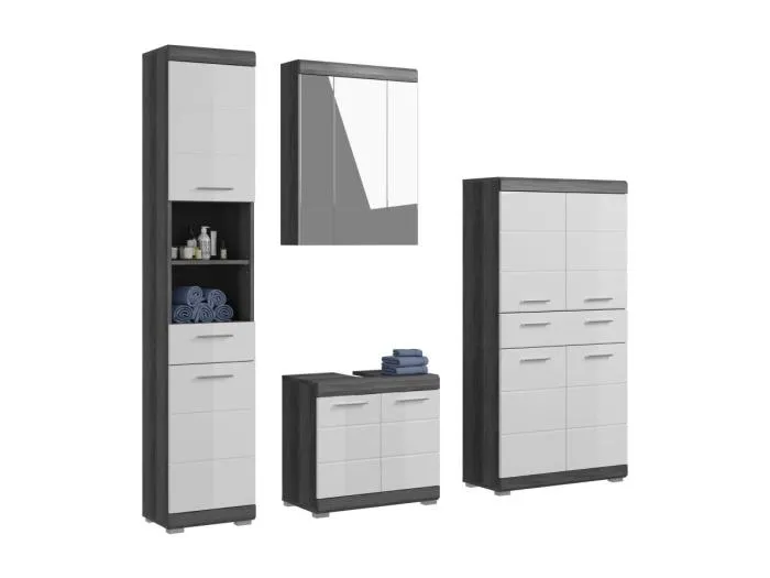 Ensemble salle de bain SCOTT – Unterschrank, Hochschrank, Spiegelschrank und Stauraumelement – Dunkelgrau und Weiß