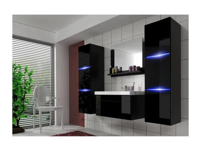 Schwarze Badmöbel-Set Kollektion RAVEN. 2 Hochschränke, Unterschrank, Waschbecken 60cm, Spiegel, Siphon und LEDs.