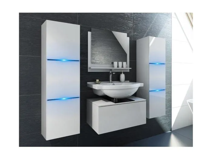 Badezimmermöbelset in Weiß, Kollektion OWL. 2 Hochschränke, Unterschrank für Waschbecken, Spiegel.