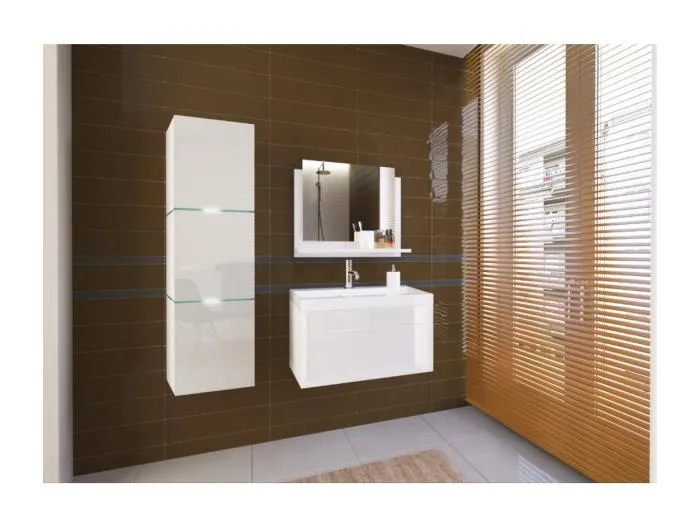 4-teiliges Badezimmermöbelset, weiße OWL-Kollektion. Hochschrank, Waschbeckenunterschrank, Waschbecken 80cm.