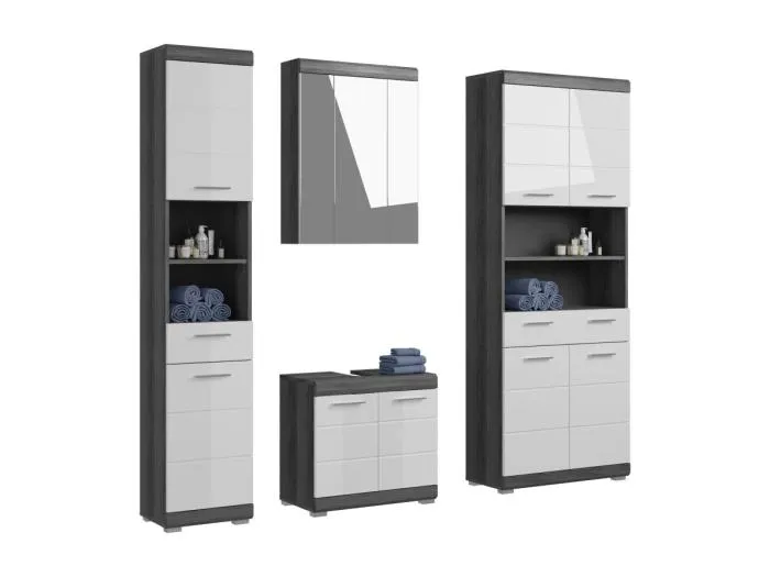 Badezimmer-Set SCOTT – Waschtischunterschrank, Hochschrank, Spiegelschrank und Stauraumelement – Dunkelgrau und Weiß