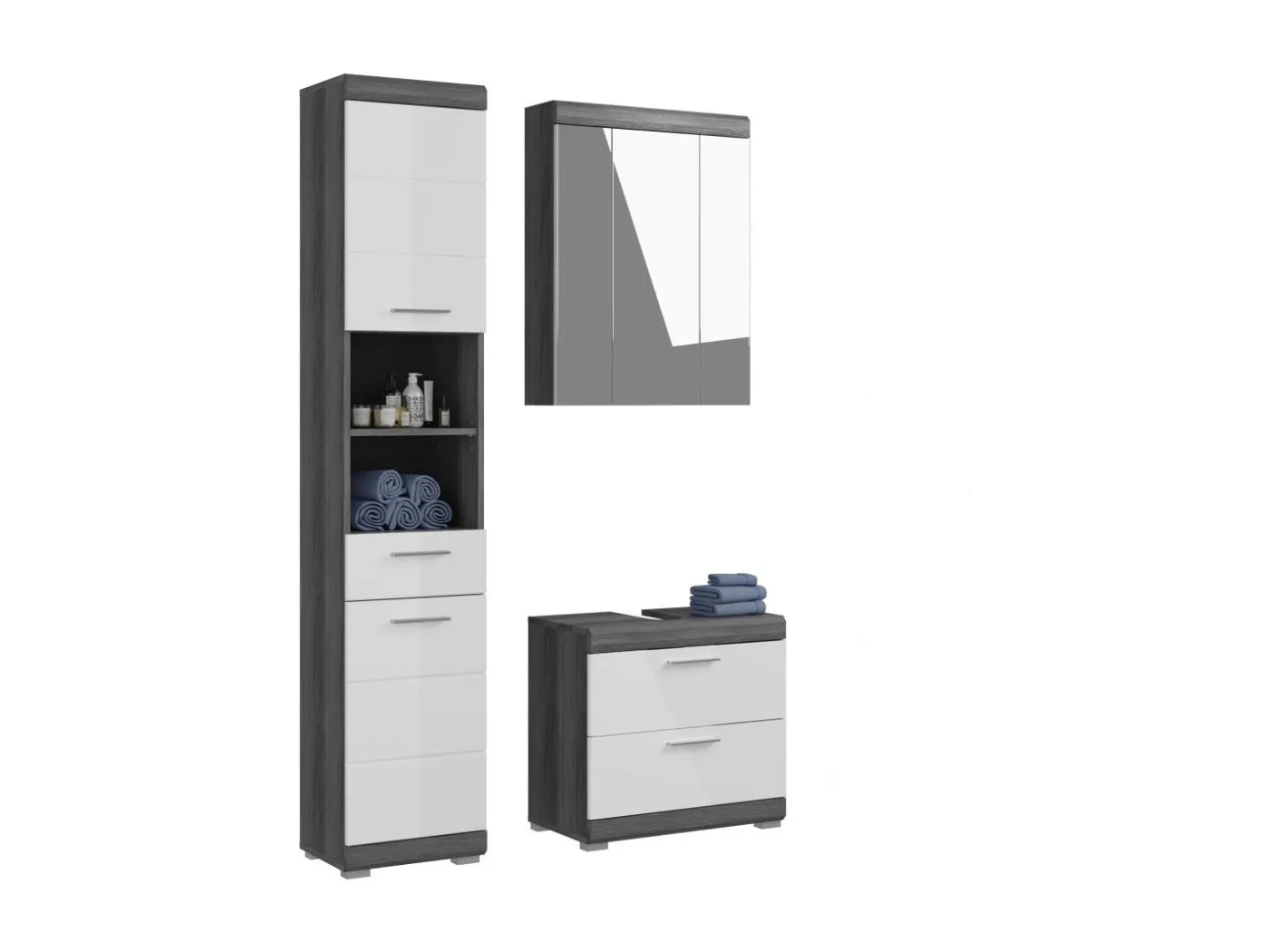 Badezimmer-Set SCOTT – Waschtischunterschrank, Hochschrank und Spiegel mit Stauraum