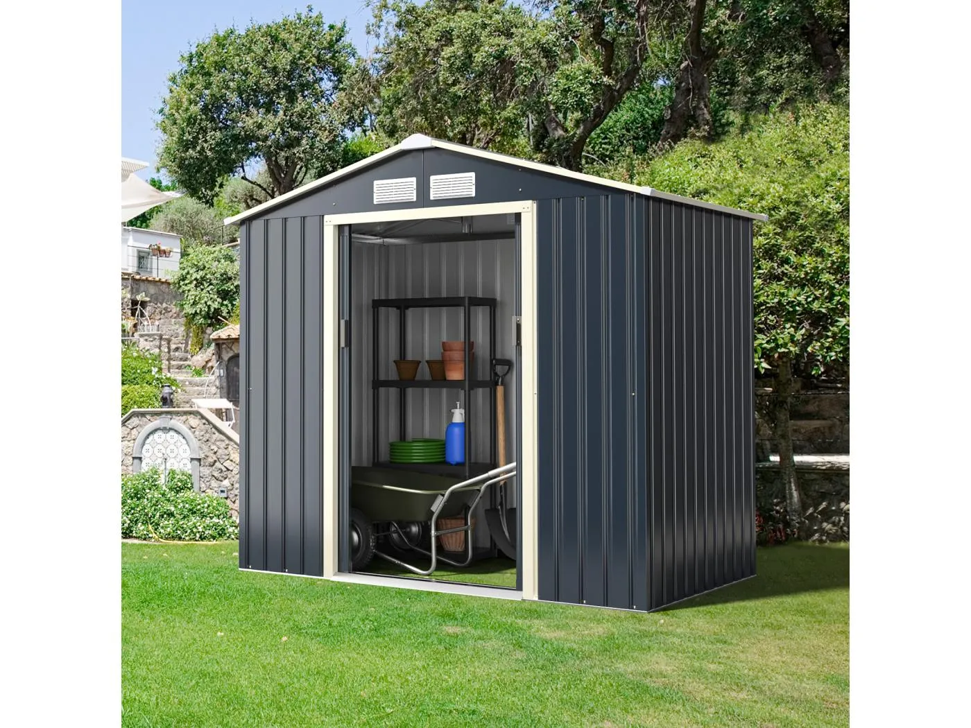 Gerätehaus Metall, 213x127x195 cm, Geräteschuppen abschließbar, Gartenhaus mit 4 Luftschlitzen & Schiebetür, Garten Schuppen für Rasenmäher Fahrräder, Metallschuppen Geräteschuppen Outdoor