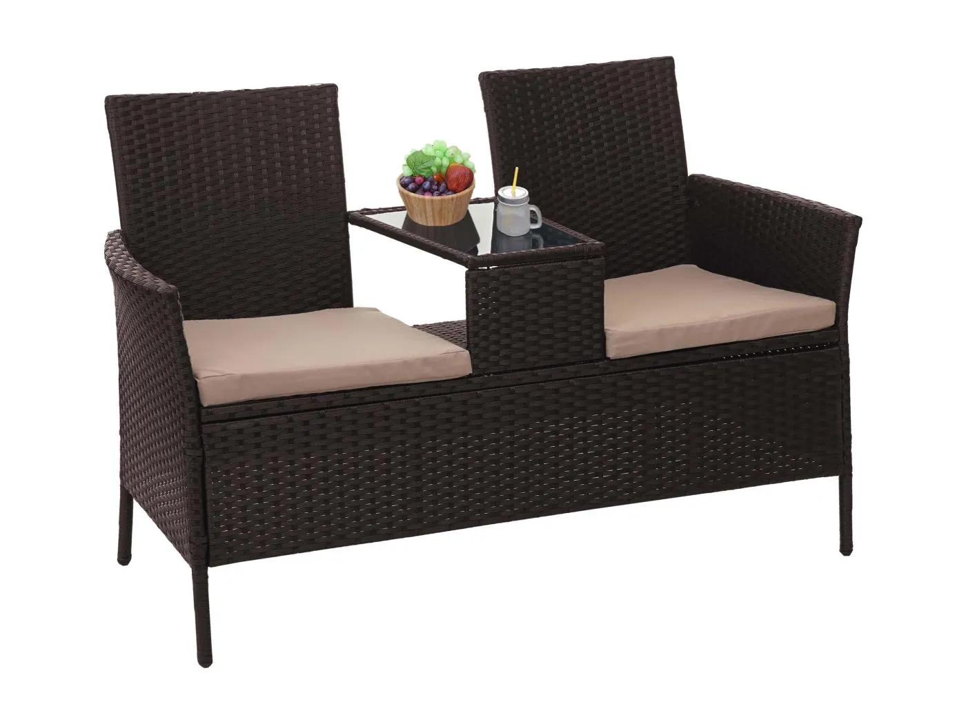 Poly-Rattan Sitzbank mit Tisch MCW-E24, Braun, Kissen creme
