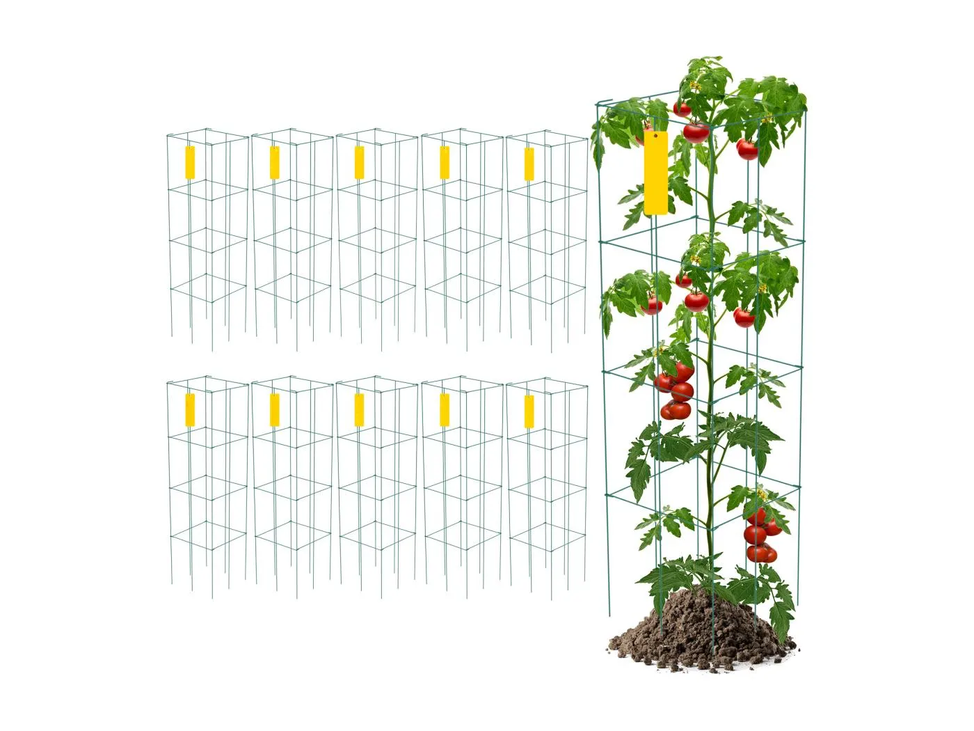 Tomatenkäfige SucceBuy Set aus 10 Tomatenkäfigen Quadratische Stahlstütze 116 cm für Gartenpflanzen Grün