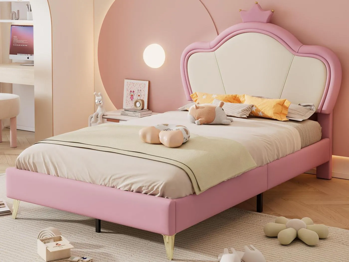 Kinderbett 90 x 200 cm aus Kunstleder – einzigartiges Design – Rosa und Weiß