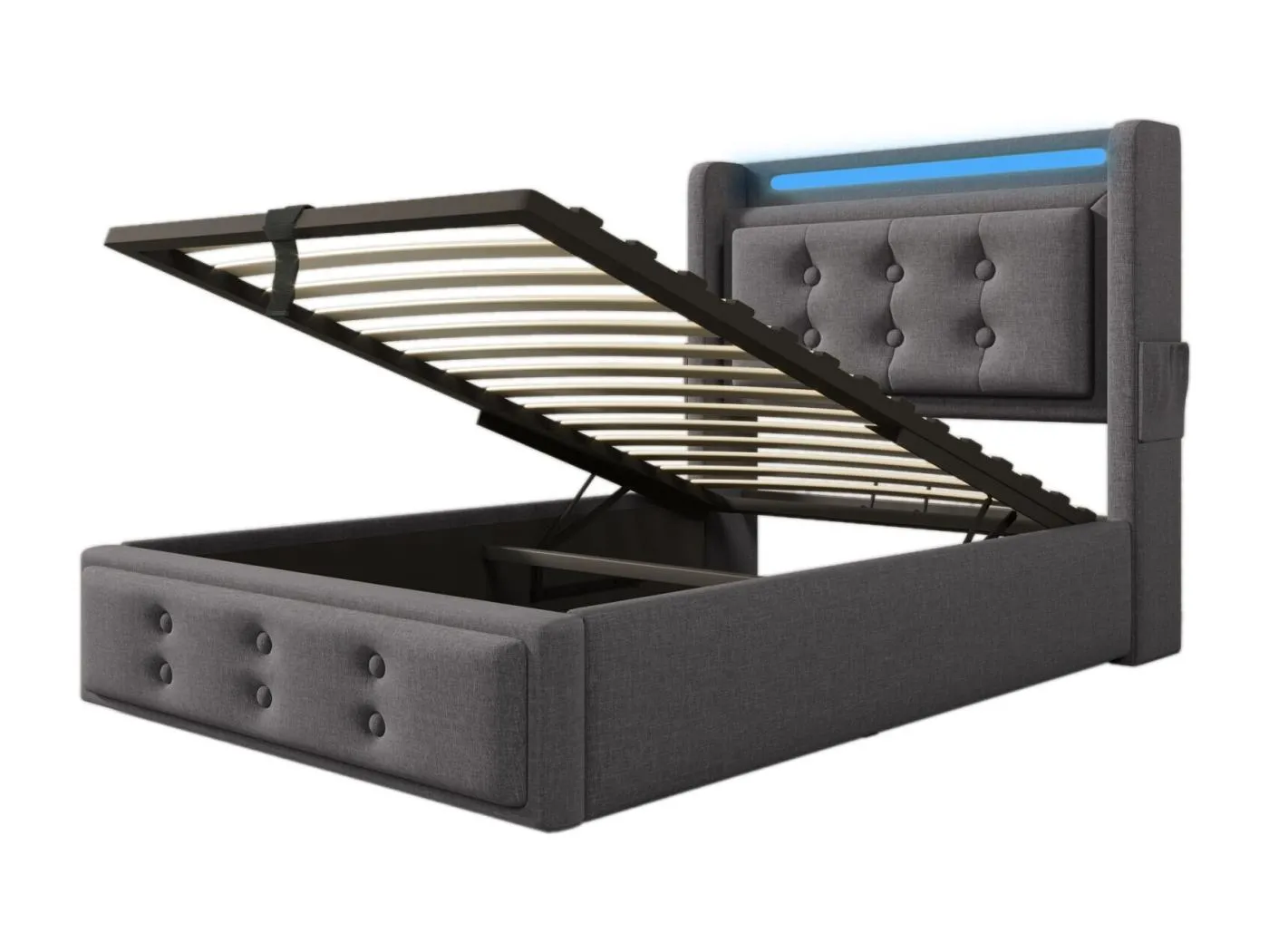 90x200 cm graues Brustbett - Baumwolle - mit LED- und EU -Sockel/USB/Typ C - Kapitalisierter Kopfteil - max. 150 kg