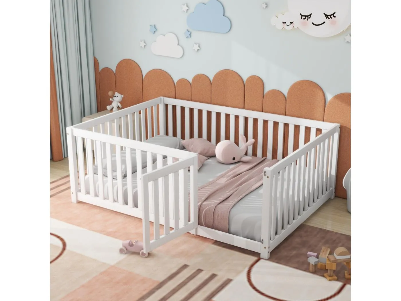 140x200 cm Kinderkabinenbett, Bettrahmen, ohne Lamellen, Kinderbett mit Zaun und Tür, Kiefer, weiß