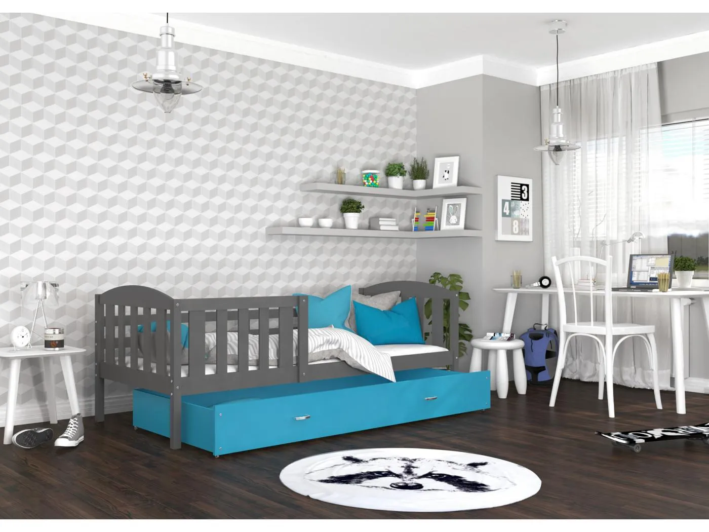 KINDERBETT mit Bettkasten Matratze Jacob 200x90 cm, grauer Korpus / blau Schublade