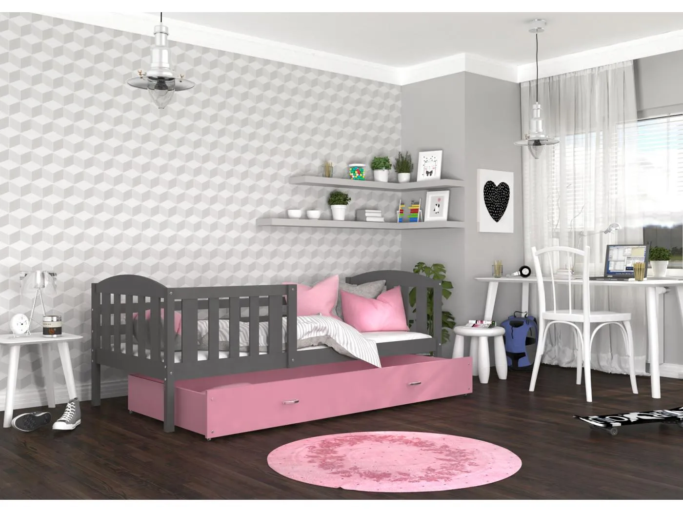 KINDERBETT mit Bettkasten Matratze Jacob 160x80 cm, grauer Korpus / rosa Schublade