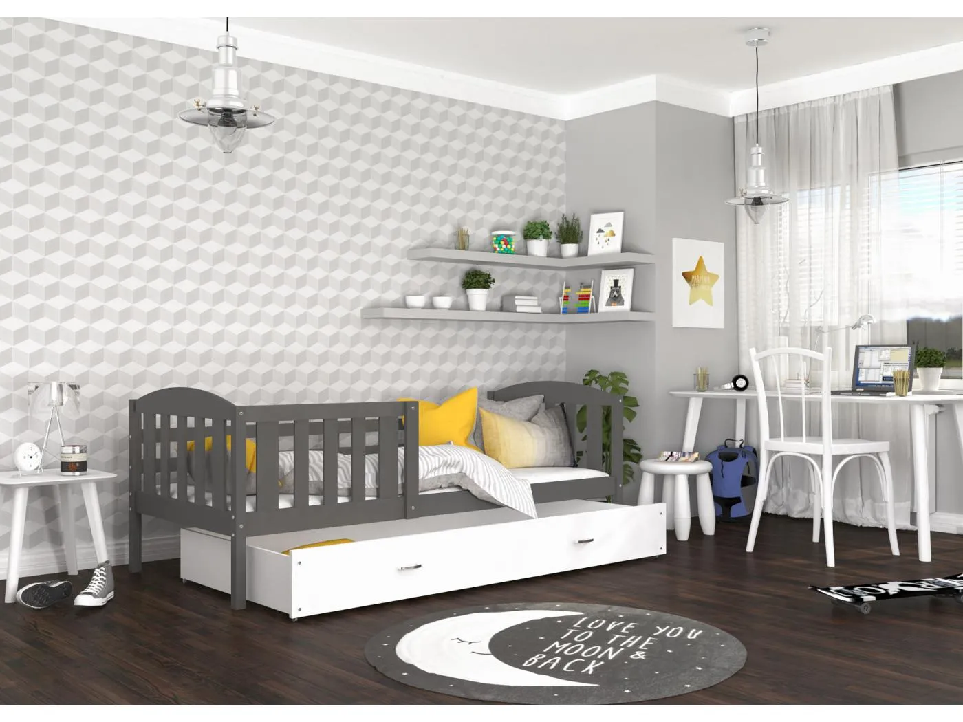 KINDERBETT mit Bettkasten Matratze Jacob 160x80 cm, grauer Korpus / weiße Schublade