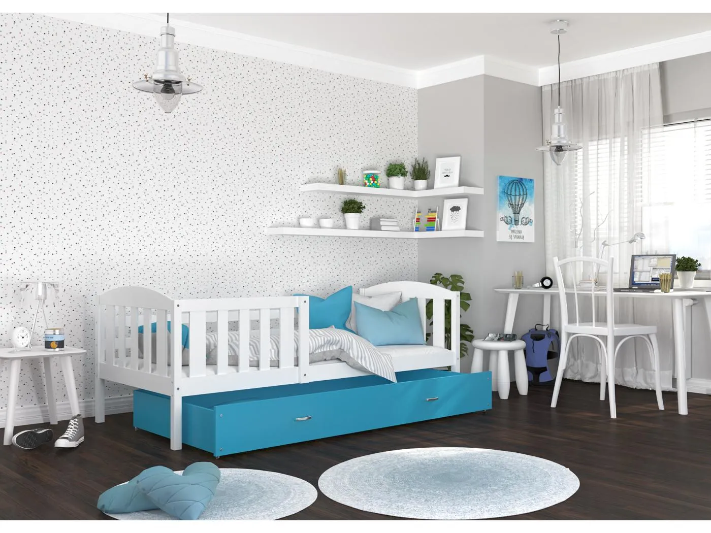 KINDERBETT mit Bettkasten Matratze Jacob 160x80 cm, weißer Korpus / blaue Schubladen