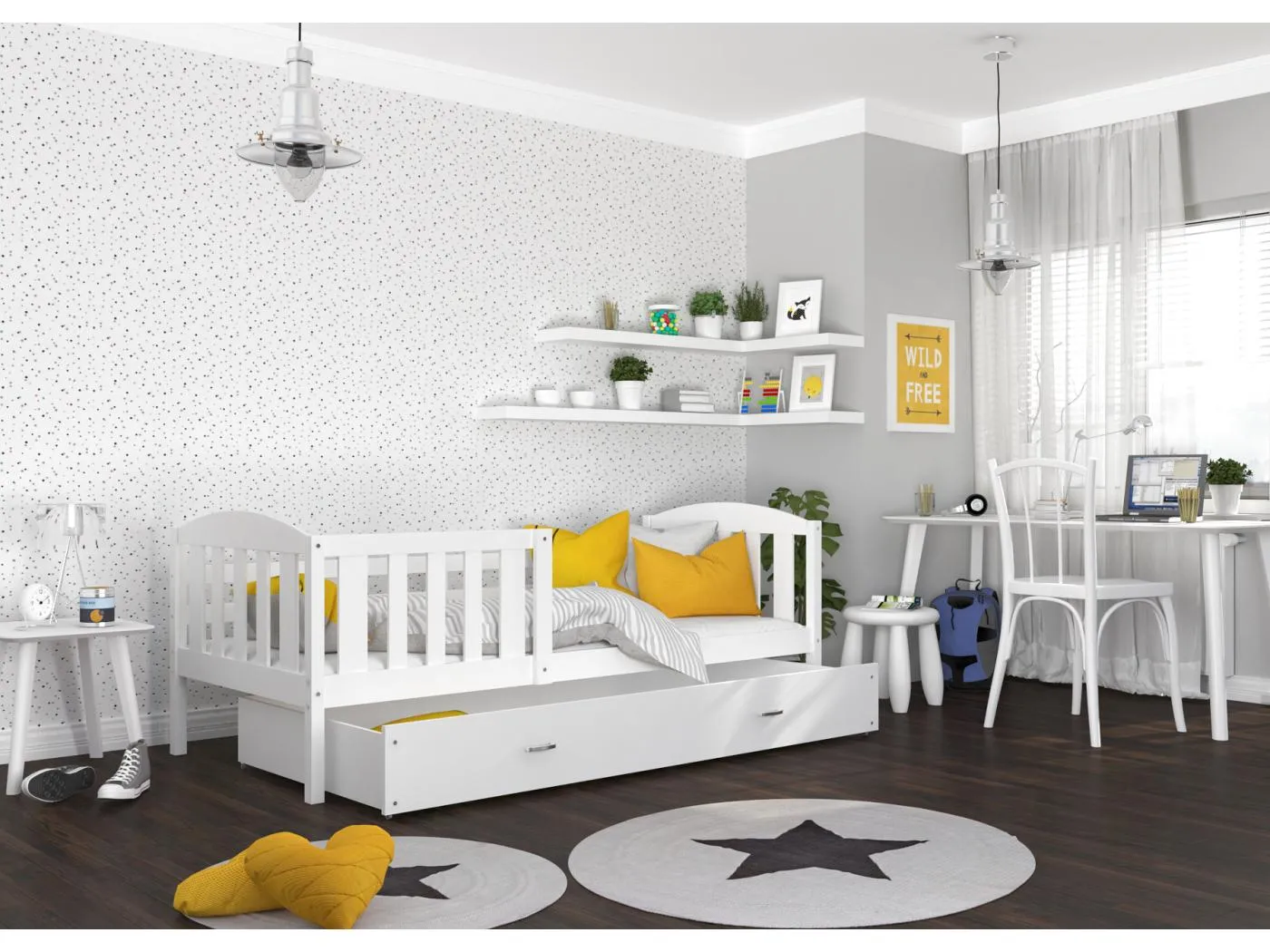 KINDERBETT mit Bettkasten Matratze Jacob 160x80 cm, weißer Korpus / weiße Schubladen