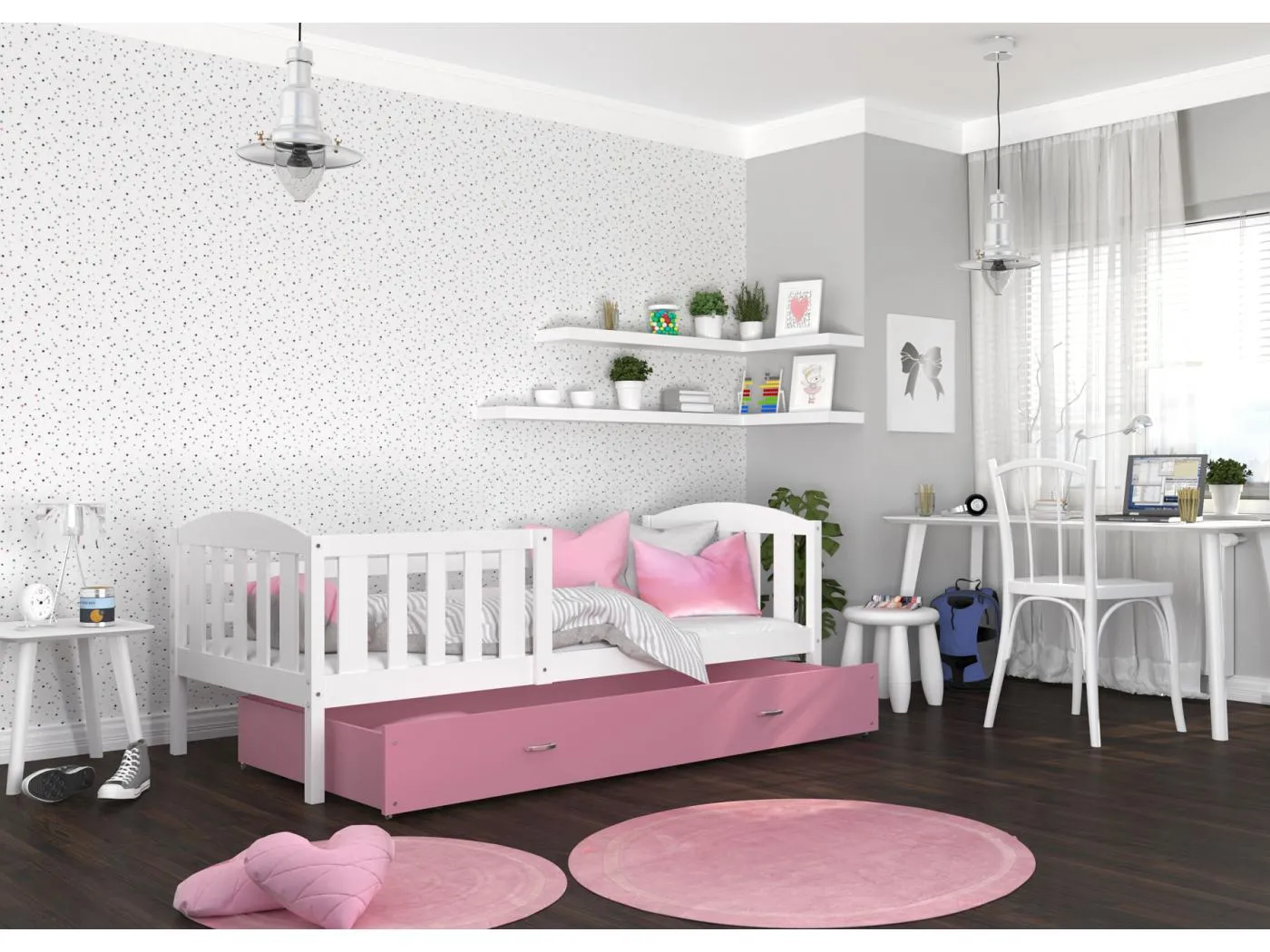 KINDERBETT mit Bettkasten Matratze Jacob 190x80 cm, weißer Korpus / rosa Schubladen