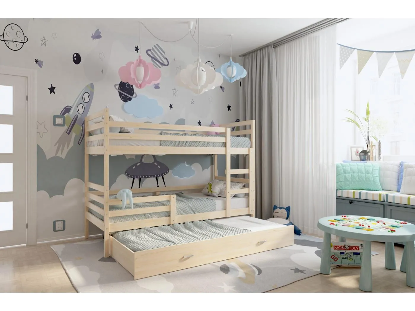 KINDERETAGENBETT mit ausziehbaren Schublade Matratze Rene 190x80 cm, Korpus in Kiefernfarbe / Schublade in Kiefernfarbe