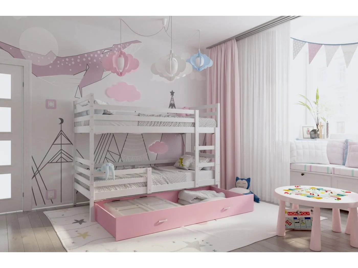 KINDERETAGENBETT mit Bettkasten Monti 190x80 cm, Weiß (Körper) / Rosa (Schublade)