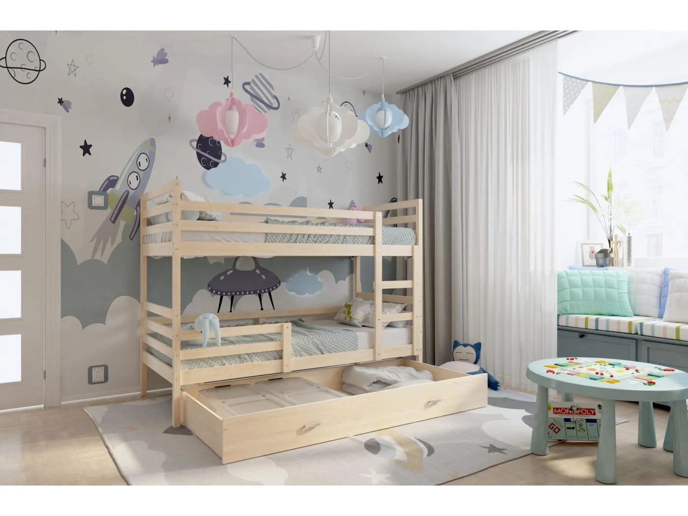 KINDERETAGENBETT mit Bettkasten Matratze Monti 160x80 cm, Kiefer (Körper) / Kiefer (Schublade)