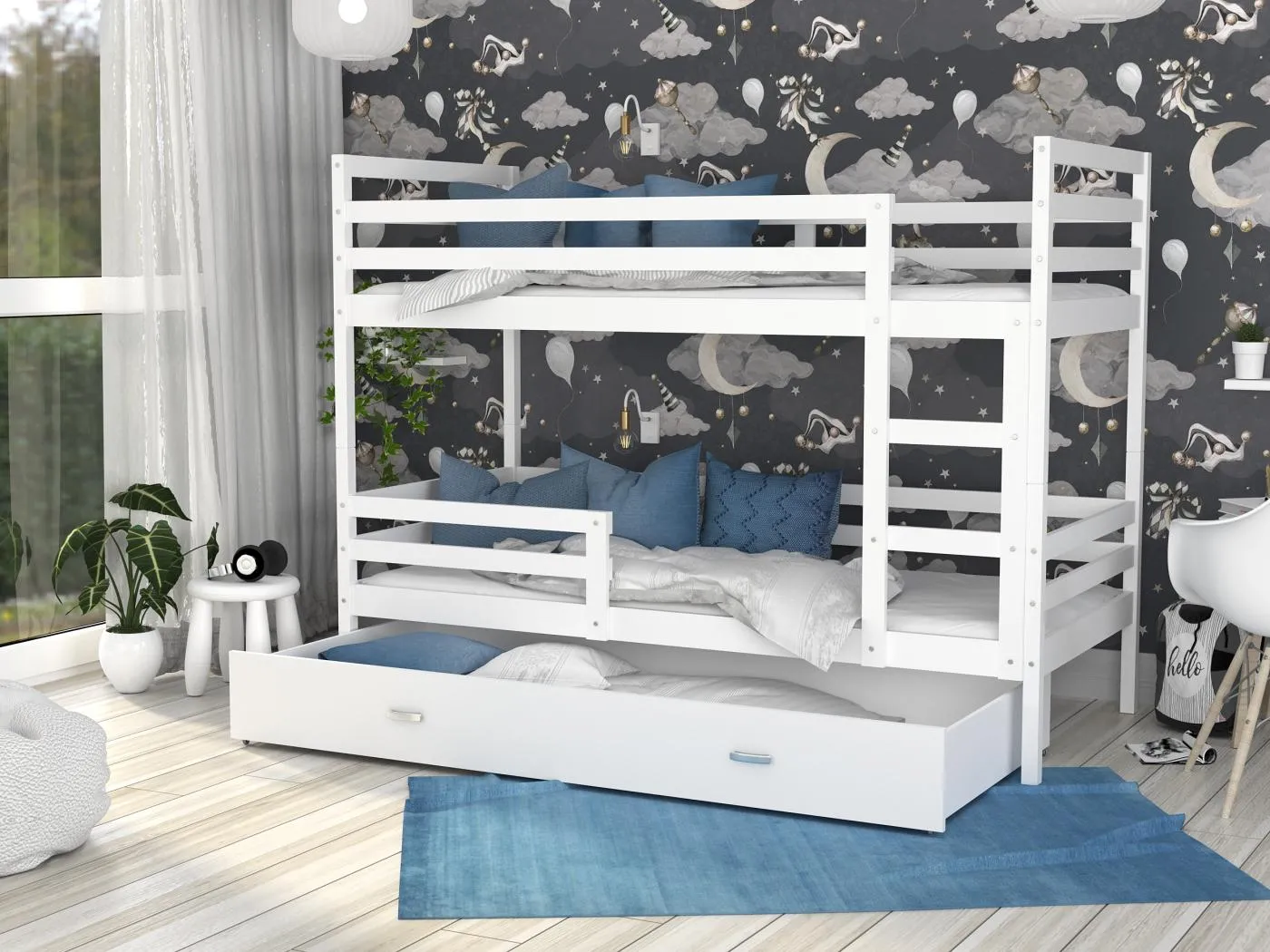 KINDERETAGENBETT mit Bettkasten Matratze Monti 160x80 cm, Weiß (Körper) / Weiß (Schublade)