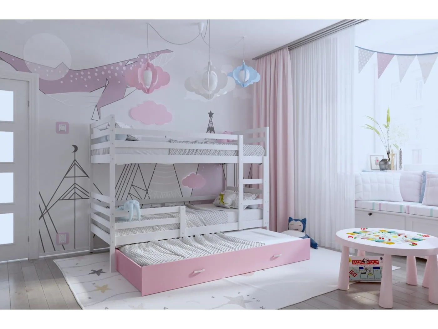 KINDERETAGENBETT mit ausziehbaren Schublade Matratze Rene 190x80 cm, Weiße Korpus / Rosa Schublade