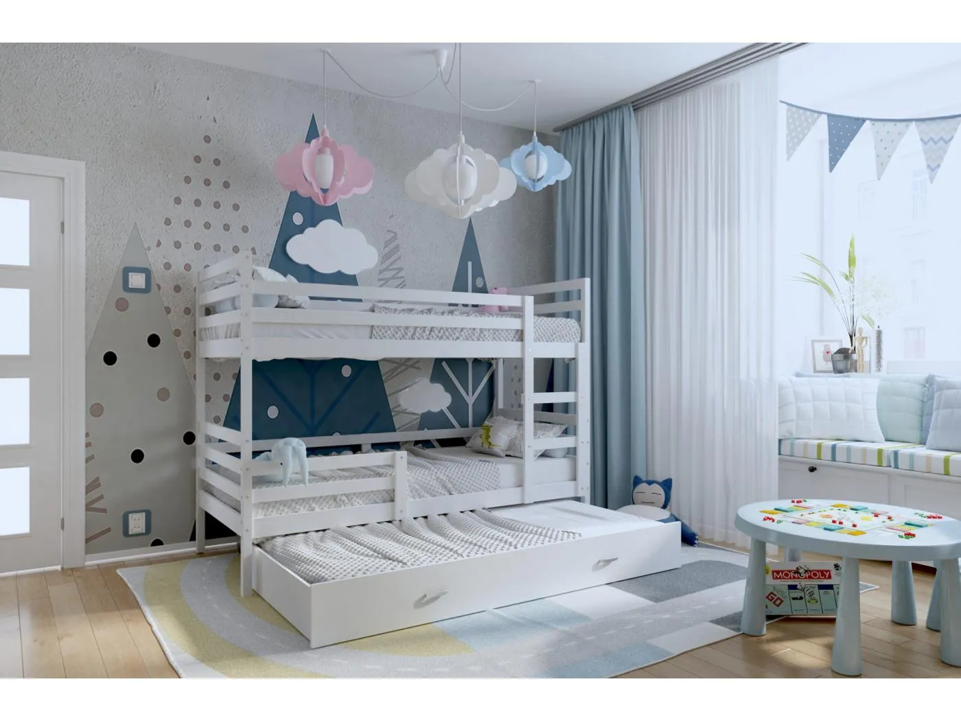 KINDERETAGENBETT mit ausziehbaren Schublade Matratze Rene 200x90 cm, Weiße Korpus / Weiße Schublade