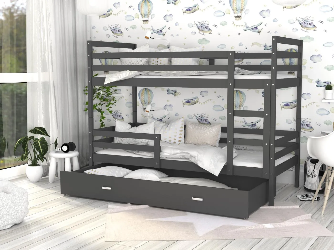 KINDERETAGENBETT mit Bettkasten Monti 190x80 cm, Grau (Körper) / Grau (Schublade)