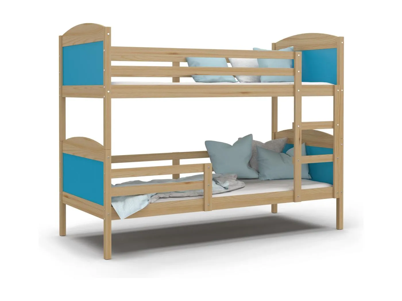 KINDERETAGENBETT mit Matratze Mateo 200x90 cm, Korpus aus Kiefernholz / blaue Einsätze