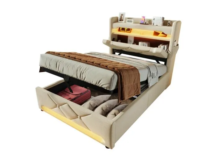 Stauraumbett Beige 90x200 cm + Matratze - mit Kopfteil mit Stauraum - LED und USB/Type-C-Anschluss - max. Belastung 150 kg