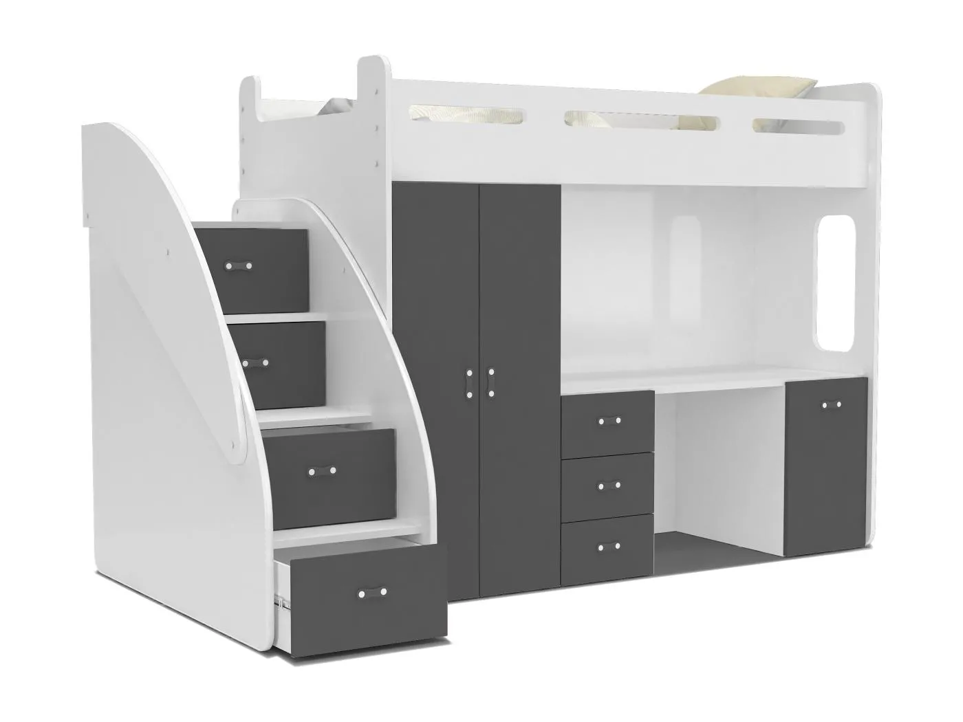 KINDERETAGENBETT mit Schreibtisch Bonini Plus 80x200 cm, weißer Korpus / graue Einsätze