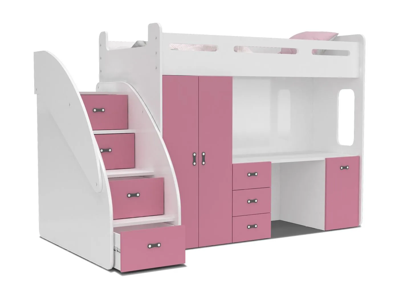 KINDERETAGENBETT mit Schreibtisch Bonini Plus 80x200 cm, weißer Korpus / rosa Einsätze