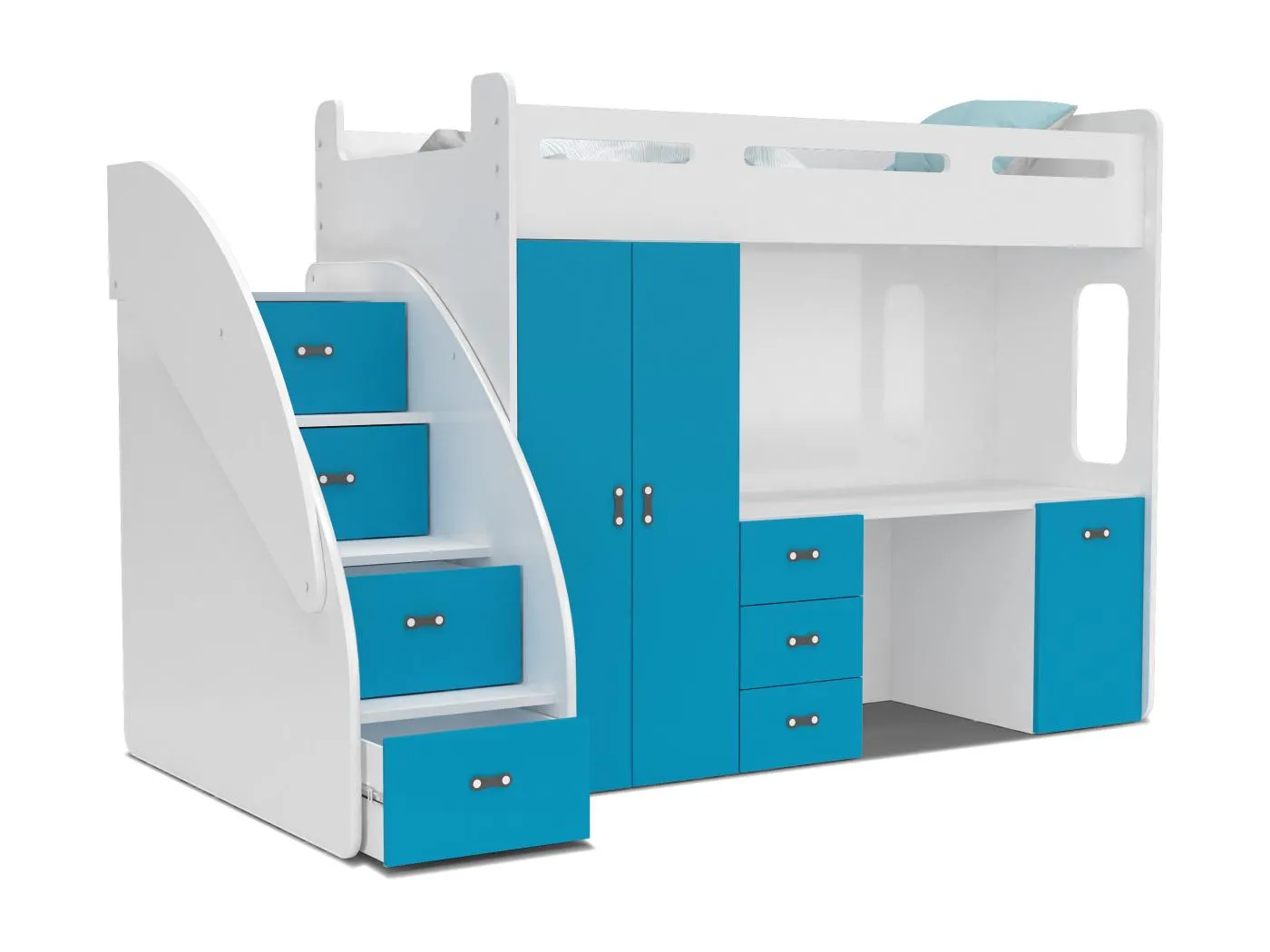 KINDERETAGENBETT mit Schreibtisch Bonini Plus 80x200 cm, weißer Korpus / blaue Einsätze