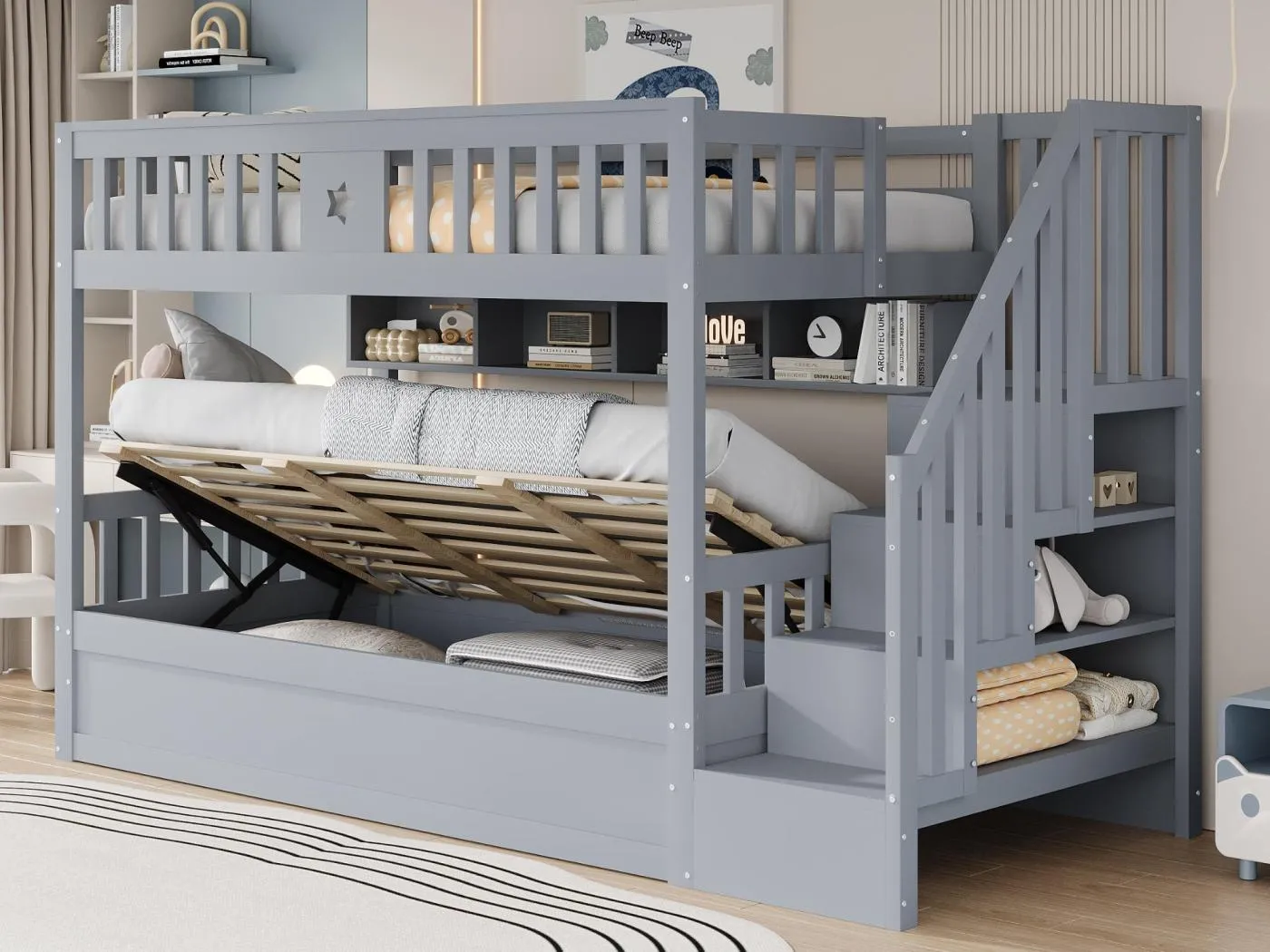 Etagenbett 90×200 cm - Bett mit Stauraum unten - Mit Sicherheitsleiter - Mit Aufbewahrungstruhe - grau