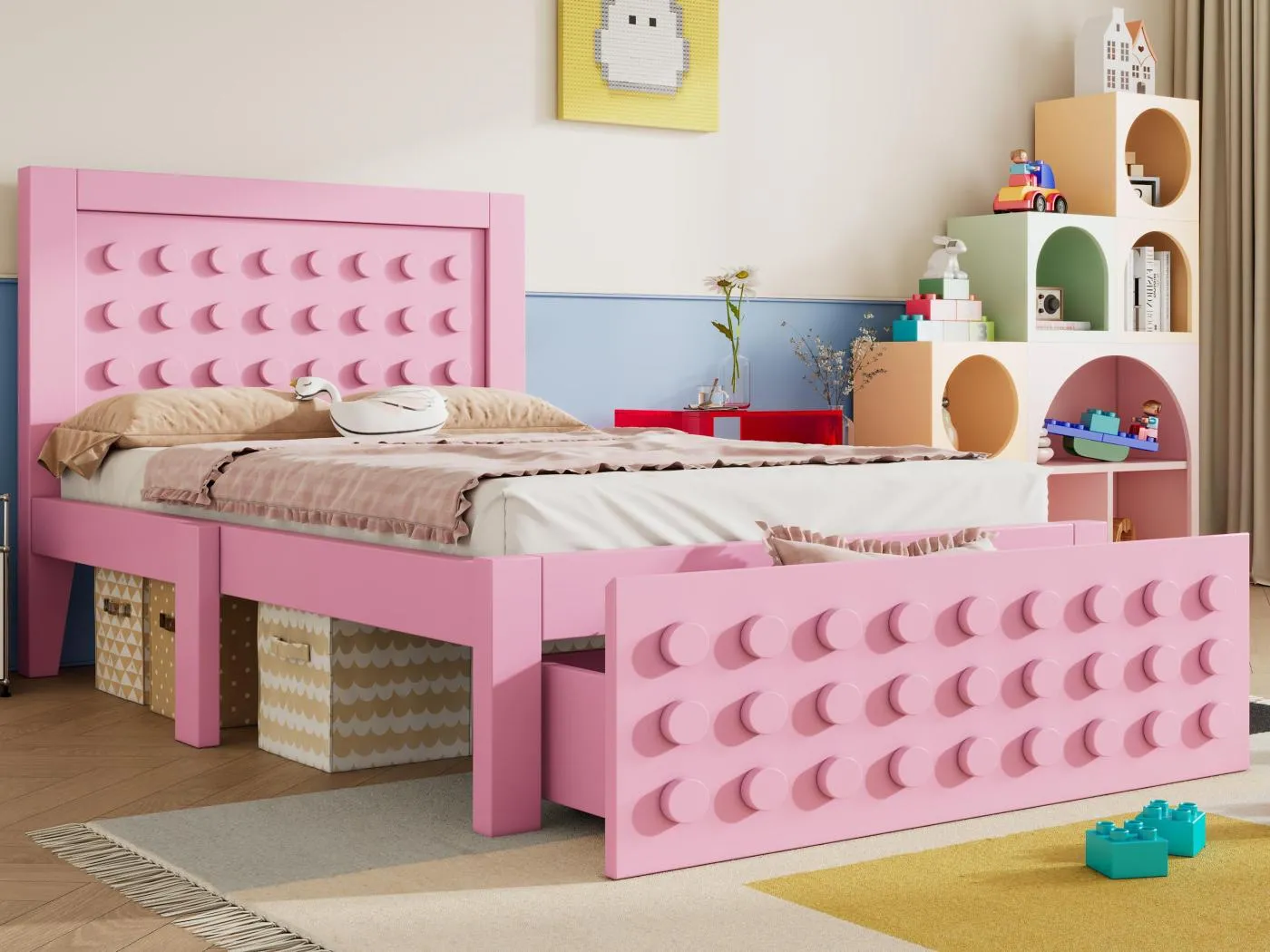Kinderbett 90x190 cm - mit Schubladen und Stauraum unter dem Bett - mit Lattenrost - MDF - Rosa (ohne Matratze)