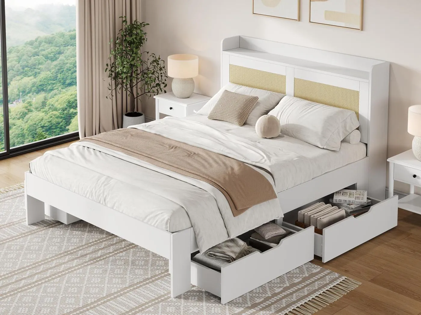 Doppelbett 140x200 cm - mit 4 Schubladen - Rattan-Dekor - MDF - Weiß (Matratze nicht inbegriffen)