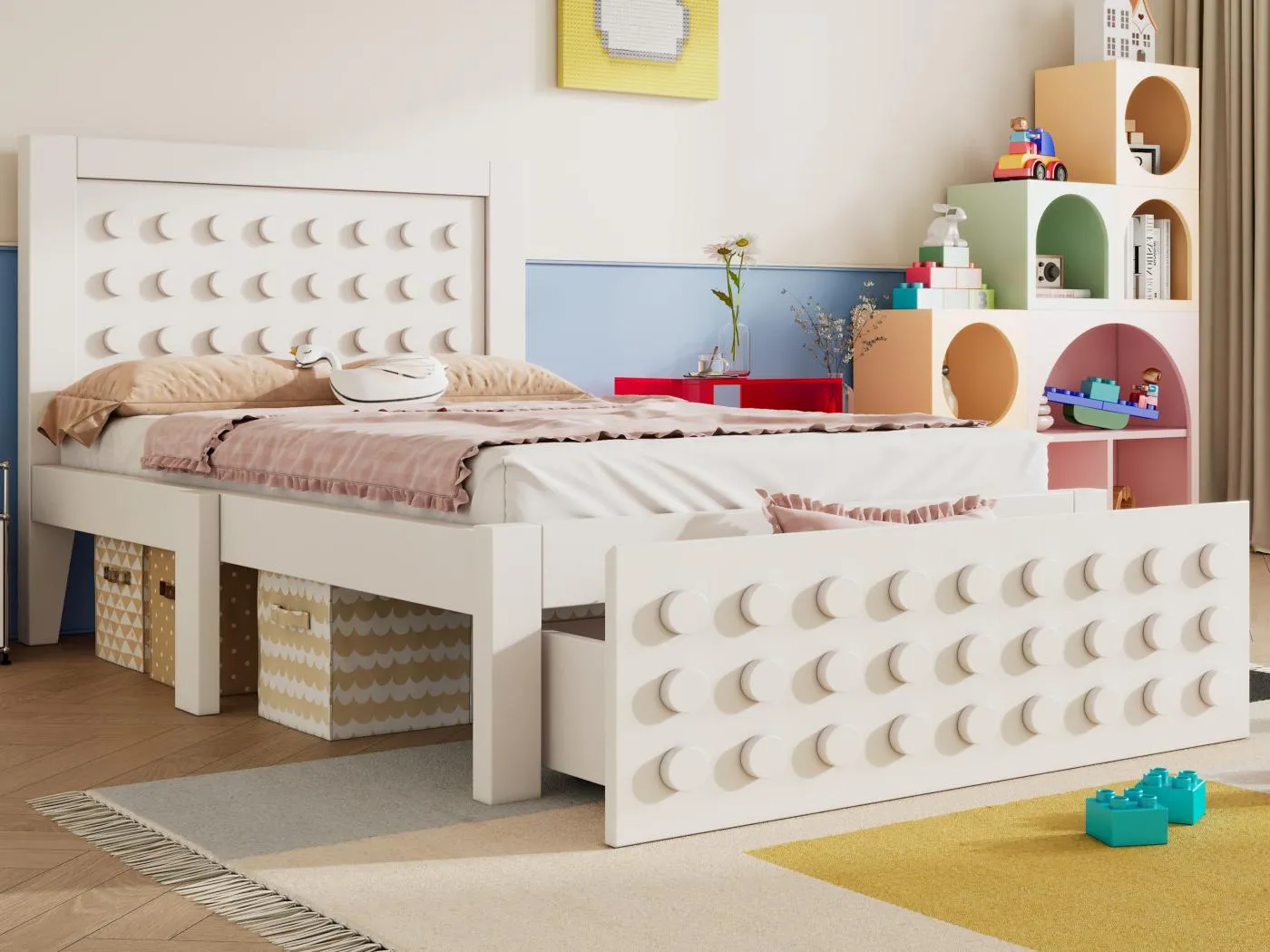 Kinderbett 90x190 cm - mit Schubladen und Stauraum unter dem Bett - mit Lattenrost - MDF - Weiß (ohne Matratze)