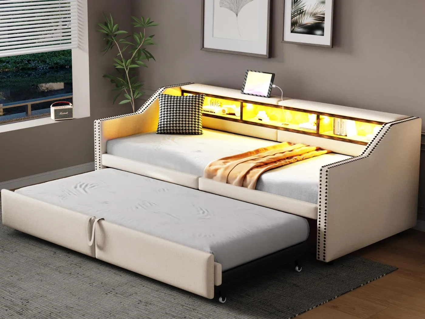 Gepolstertes Sofabett 90/180×200 cm - mit Staufach - mit LED-Beleuchtung + USB-Anschluss - beige