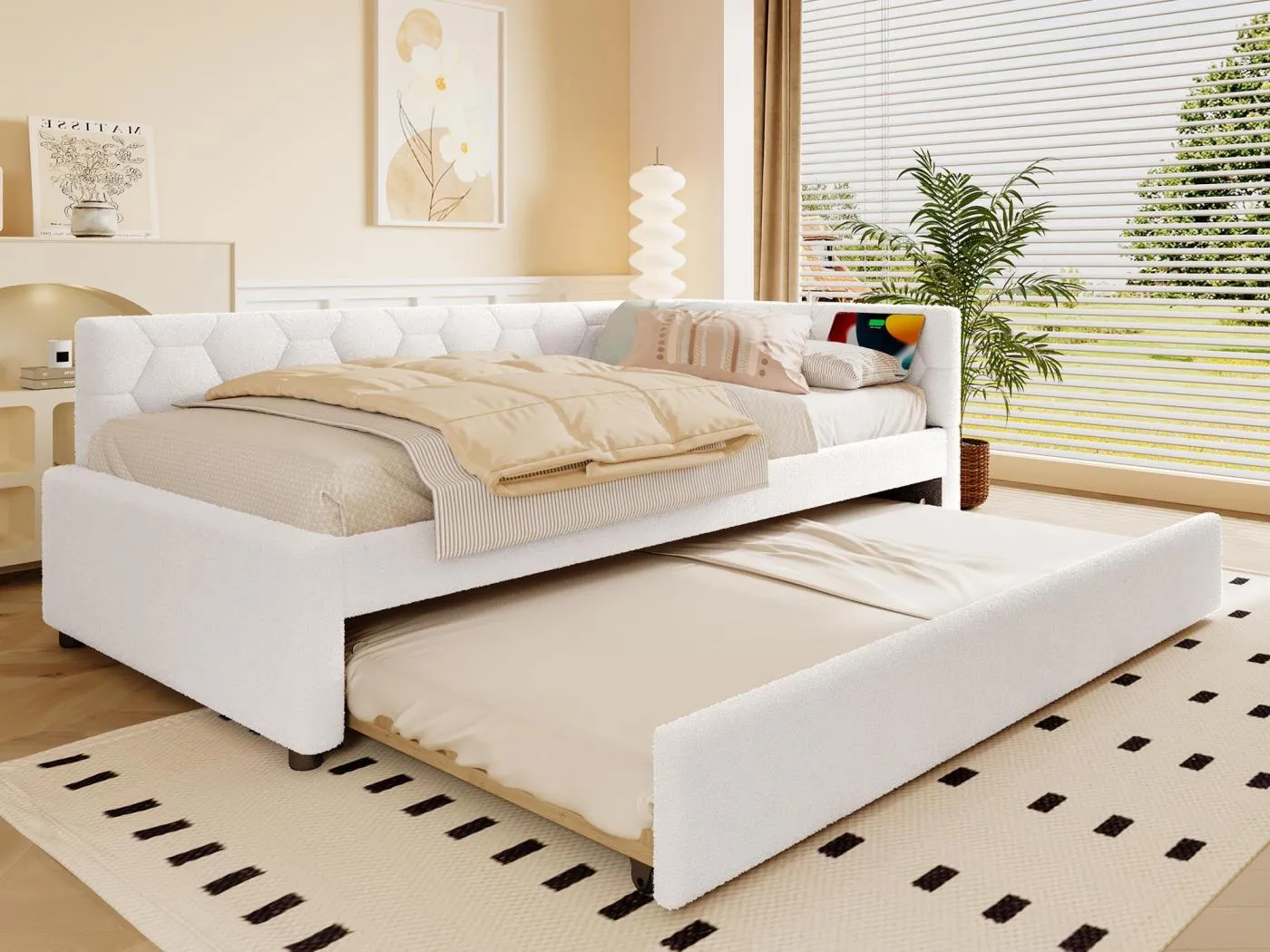 Sofabett 90×200 cm - mit Nestbett - mit USB-Anschluss + Type-C - weiß (ohne Matratze)