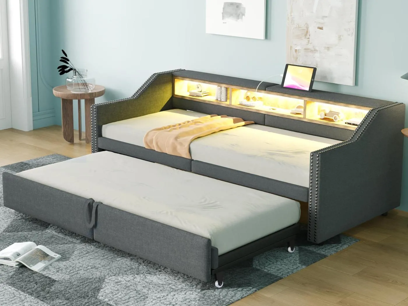 ​Gepolstertes Sofabett 90/180×200 cm​​ - mit Staufach - mit LED-Beleuchtung + USB-Anschluss - ​​dunkelgrau​